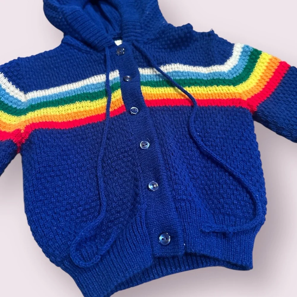 Vintage Baby Blue Rainbow Colorful Hooded Knit Cardigan Sweater Sz 18 Mon